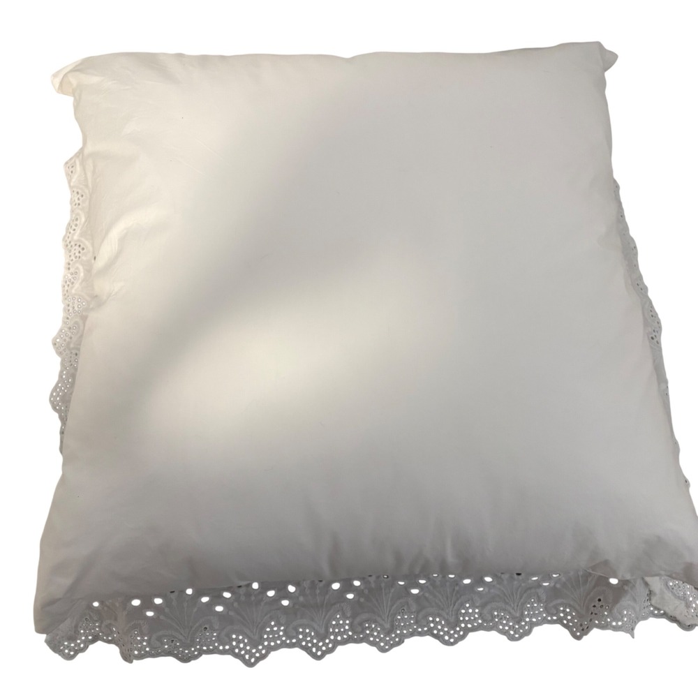 Nicole Miller Home White Cotton Eyelet Lace Trim Decorative Square Pillow 20x20